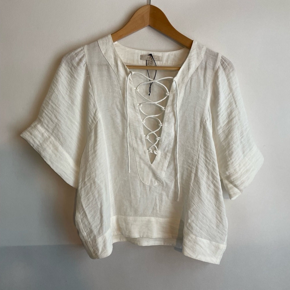 7 For All Mankind Womens Short Sleeve Lace Up  Flutter Top White XS Peasant - Picture 2 of 8